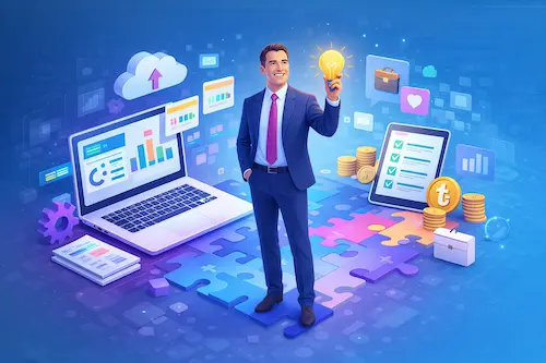 DİA ERP ve e-Dönüşüm çözümlerini temsil eden, dijital paneller ve raporlar arasında mutlu bir iş insanı illüstrasyonu - DİA ERP Çözümleri